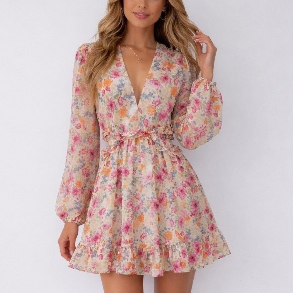 Privy Floral‎ Mini Dress Multi Color Cutout V-Neck Cottagecore Fairycore Boho M